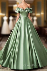 Green Satin Long A-Line Party Dresses, Off The Shoulder Formal Evening Dresses