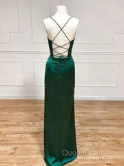 Green Satin Long Mermaid Slit Evening Prom Dresses