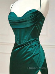 Green Satin Long Mermaid Slit Evening Prom Dresses