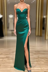 Green Satin Long Mermaid Slit Evening Prom Dresses