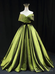 Green Satin Off the Shoulder Pleats Prom Dress With Belt