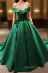 Green Satin Evening Prom Dresses Long Off The Shoulder Ball Gowns Quinceanera Dresses