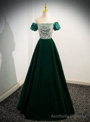 Green Satin Sequins Puff Sleeve Prom Dress