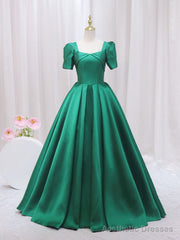 Green Satin Short Sleeve Square Neck Prom Dress