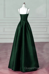 Green Satin Simple A-Line Floor Length Party Dresses, Green Satin Straps Evening Prom Dresses