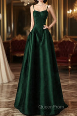 Green Satin Simple A-Line Floor Length Party Dresses, Green Satin Straps Evening Prom Dresses