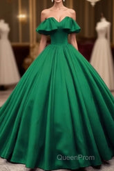 Green Satin Sweetheart Off Shoulder Ball Gown Long Sweet 16 Dresses, Green Quinceanera Dresses