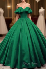 Green Satin Sweetheart Off Shoulder Ball Gown Long Sweet 16 Dresses, Green Quinceanera Dresses