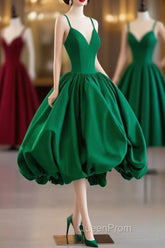 Green Satin Tea-Length Straps Evening Prom Dresses, Spaghetti Straps Homecoming Gown