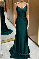 Green Satin V-Neckline Mermaid Straps Evening Gown, Green Satin Evening Prom Dresses