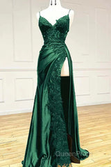 Green Satin With Lace Straps Long Evening Dresses Evening Prom Dresses, Green Satin Party Dres