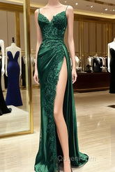 Green Satin With Lace Straps Long Evening Dresses Evening Prom Dresses, Green Satin Party Dres