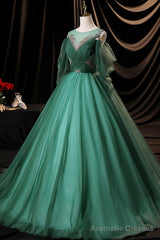 Green Scoop Neckline Tulle Formal Evening Dress, A-Line Long Sleeve Prom Dress