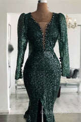 Green Sequin V Neck Mermaid Evening Prom Dresses