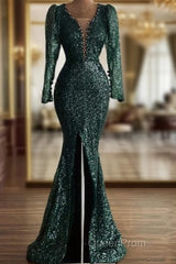 Green Sequin V Neck Mermaid Evening Prom Dresses