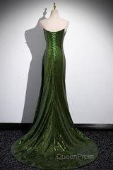 Green Sequins Long Mermaid Evening Prom Dresses, Green Lace-Up Party Dresses With Slit