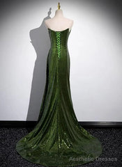Green Sequins Mermaid Long Prom Dress with Leg Slit, Green Sequins Party Dress