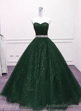 Green Shiny Tulle Beaded Sweetheart Party Dress, Green Formal Dress