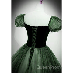 Green Shiny Tulle Short Sleevse Long Formal Dresses, Green A-Line Evening Prom Dresses Party Dresses