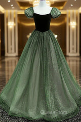 Green Shiny Tulle Short Sleevse Long Formal Dresses, Green A-Line Evening Prom Dresses Party Dresses