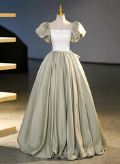 Green Short Sleeves Ball Gown Satin Long Party Dresses, Green Long Formal Dresses