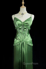 Green Spaghetti Strap Sheath Satin Beaded Evening Prom Dresses Evening Gown
