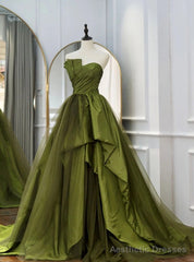 Green Strapless Satin Pleats Prom Dress