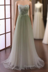 Green Sweetheart Gradient Beaded Tulle Floor Length Party Dresses, Green Junior Evening Prom Dresses