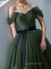 Green Tulle A-Line Off Shoulder Evening Prom Dresses, Green Tull Long Formal Dresses Evening Dresses
