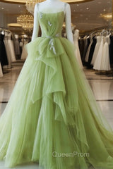 Green Tulle Beaded Long Party Dresses, Green Tulle Evening Dresses Evening Gown