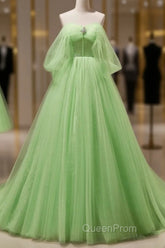 Green Tulle Beading Off Shoulder Sparkle Evening Prom Dresses