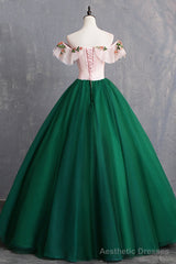 Green Tulle Lace Long Prom Dress, Cute Off Shoulder Evening Dress Party Dress