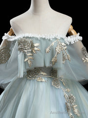 Green Tulle Lace Long Prom Dress, Green Tulle Lace Ball Gown Sweet 16 Dress