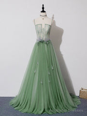Green Tulle Lace Long Prom Dress, Green Tulle Long Formal Graduation Dress