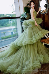 Green Tulle Layers Straps Sweetheart Long Evening Dress Party Dress, Green Formal Dress