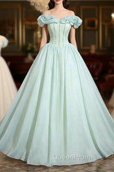 Green Tulle Long A-Line Evening Prom Dresses, Lovely Off The Shoulder Evening Party Dresses