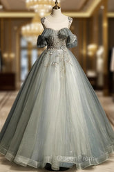 Green Tulle Off Shoulder Ball Gown Beaded Sweet 16 Dresses, Green Tulle Formal Dresses