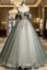 Green Tulle Off Shoulder Ball Gown Beaded Sweet 16 Dresses, Green Tulle Formal Dresses