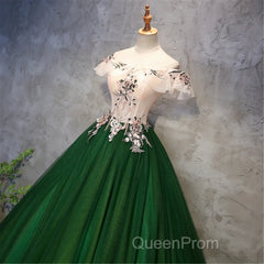 Green Tulle Off Shoulder Long Formal Dresses With Lace, Sweet 16 Gown