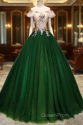 Green Tulle Off Shoulder Long Formal Dresses With Lace, Sweet 16 Gown