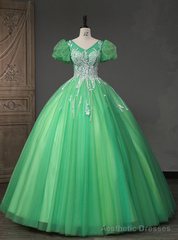 Green Tulle Puff Sleeve Sequins Beading Quinceanera Dress
