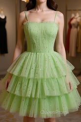 Green Tulle Short Evening Prom Dresses, Cute Green Homecoming Dresses