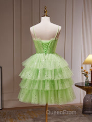 Green Tulle Short Evening Prom Dresses, Cute Green Homecoming Dresses