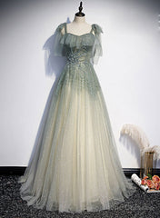 Green Tulle Straps A-line Beaded Long Prom Dress, Green Evening Party Dress