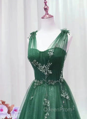 Green Tulle V Neck Beading Appliques Evening Prom Dresses