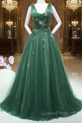 Green Tulle V Neck Beading Appliques Evening Prom Dresses