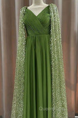 Green Tulle V-Neck Dresses With Beaded Cape