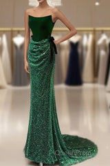 Green Tulle Velvet Long Evening Prom Dresses, Green Long Formal Dresses