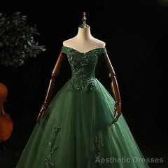 Green Tulle with Lace Applique Long Prom Dress, Green Sweet 16 Dresses