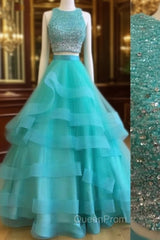 Green Two Pieces Sequin Long Evening Prom Gown, Green Evening Dresses